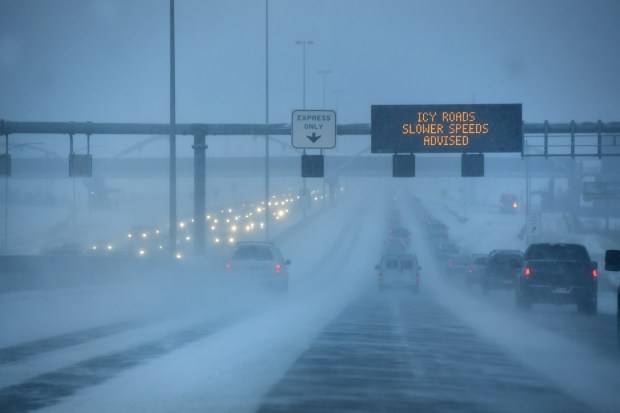 Snow storm arrives just around rush hour in Boulder, Colorado.